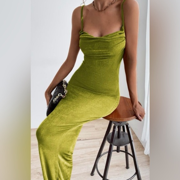 Maxi bodycon cami dress, XS, spaghetti straps, pencil ruched backless, tie back - Picture 1 of 9